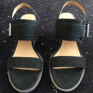 Black Suede Sandal Low Chunky Heel - Size 7
